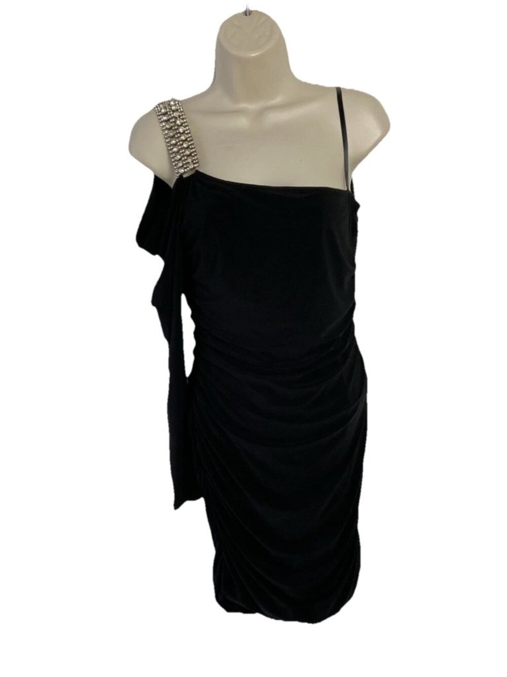 Little black dress sz L Cocktail Evening Ruched One Shoulder rhinestone Deb